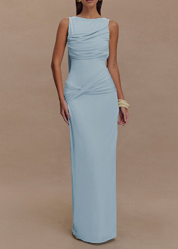Light Blue Maxi Dress Stretch Fabric Draped Back