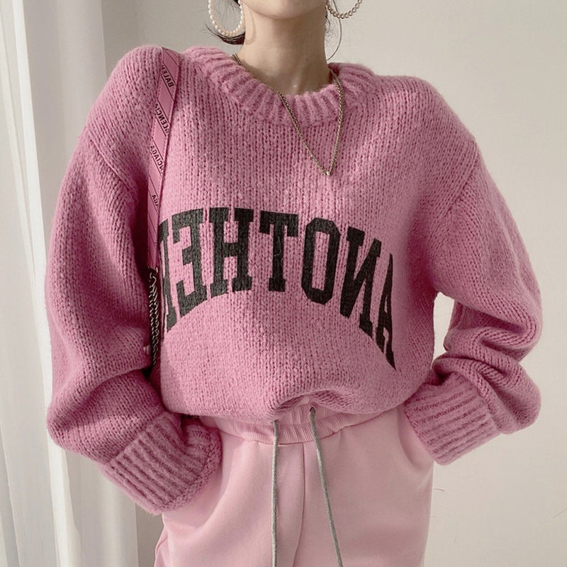 Fall Letter Print Round Neck Oversized Knit Sweater
