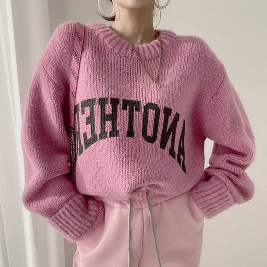 Fall Letter Print Round Neck Oversized Knit Sweater