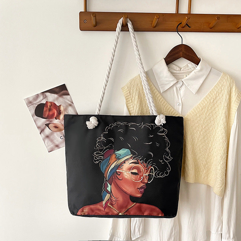 Classic Outdoor Canvas Tote Bag with Cartoon Print