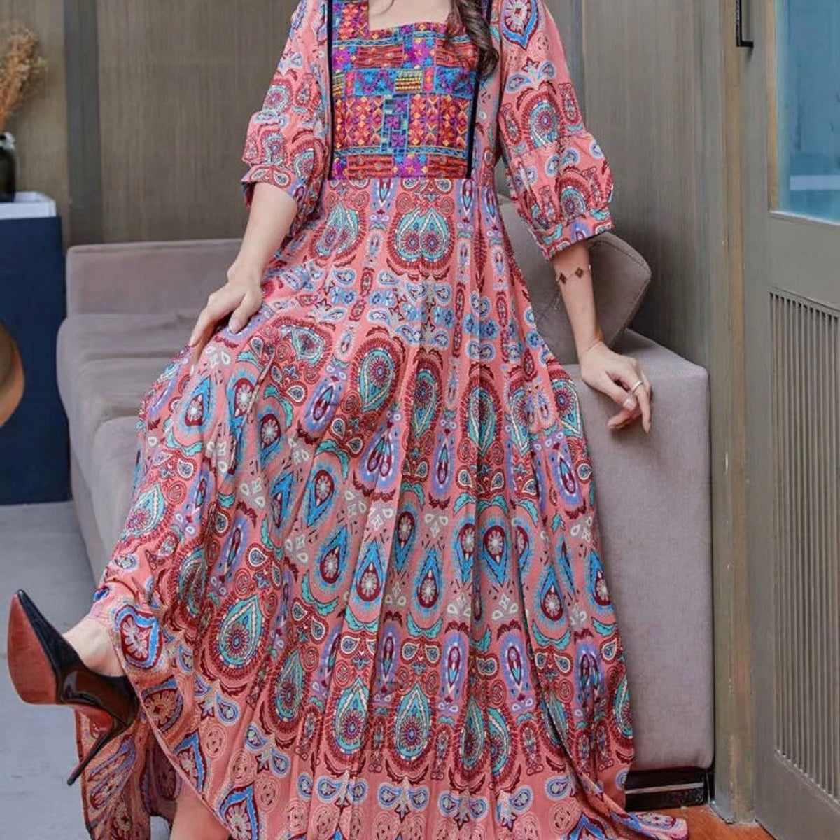 Bohemian Ethnic Style Big Swing Embroidery Dress Women'S Long Dress