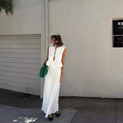 6 Colors Breathable Cotton And Linen Pleated Sleeveless Straps, Women'S Shirts, High Street Long Skirts.