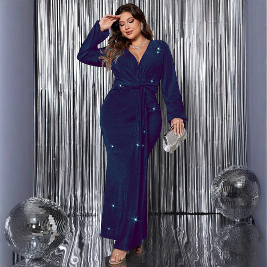 V-Neck Long Sleeve Evening Dress Elegant Mermaid Maxi Dress