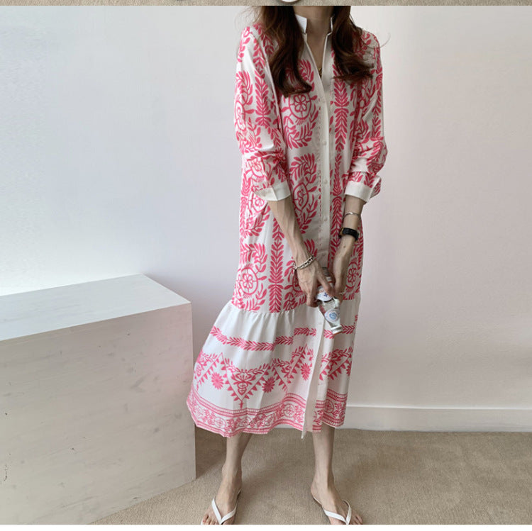 Bohemian Blue And White Porcelain Printed Women'S Shirt Long National Style Dress