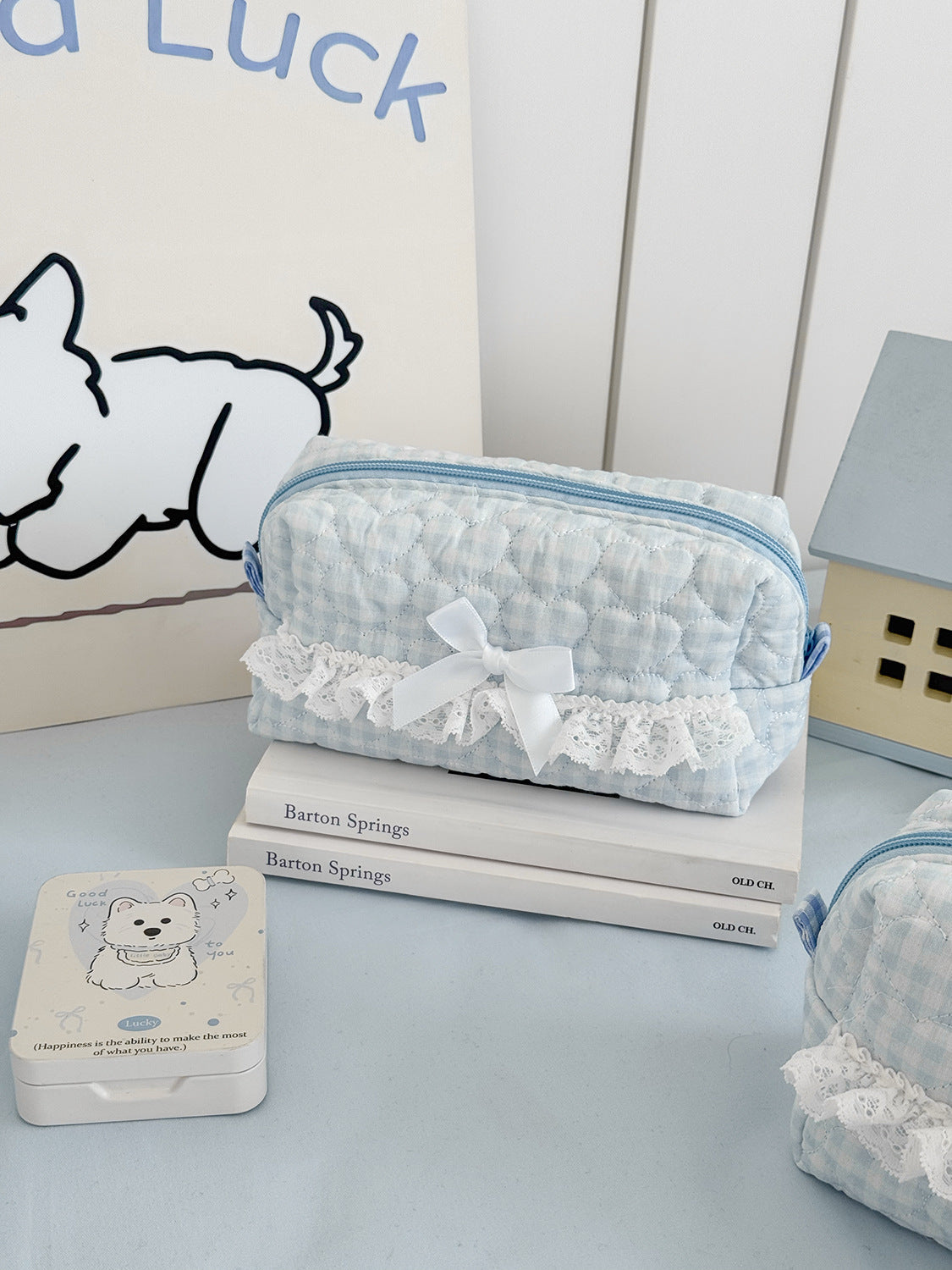Pastel Blue Plaid Lace Makeup Bag Stylish Quilted Storage