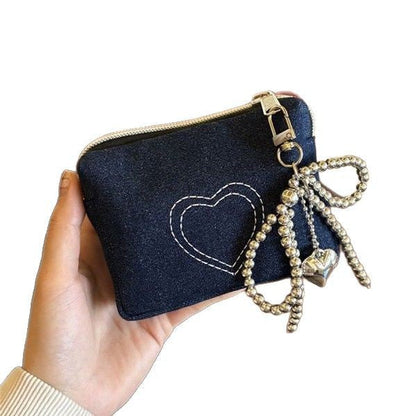 Denim Heart Embroidered Mini Coin Purse Wallets