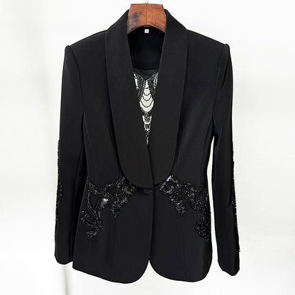Fashionable Sheer Overlay Embellished Blazer & Chiffon Trousers Set