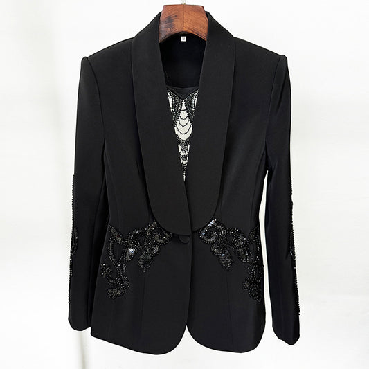 Fashionable Sheer Overlay Embellished Blazer & Chiffon Trousers Set