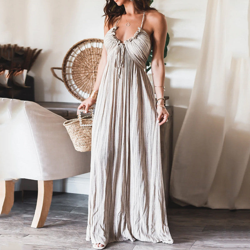 Summer New Solid Color Sexy Open Back U-Neck Strap Back Long Dress