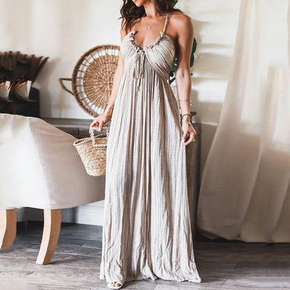 Summer New Solid Color Sexy Open Back U-Neck Strap Back Long Dress