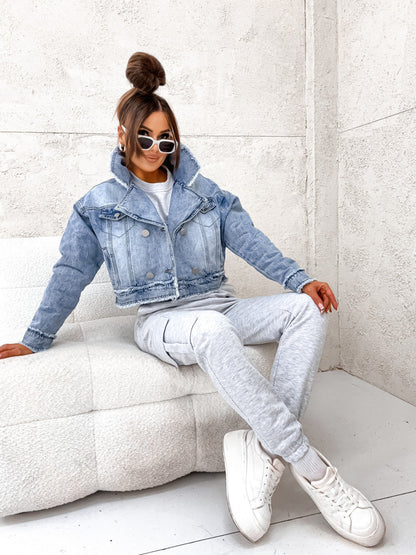 Loose Fit Denim Jacket with Suit Collar for Women