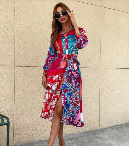 Women'S Lace-Up Print Polo Neck Midi Dress