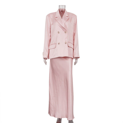 Chic Pink Satin Skirt Suit Set With Long Sleeve Blazer