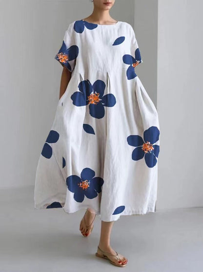 Digital Printing Small Chrysanthemum Women'S Casual Short Sleeve Swing Long Skirt Dress