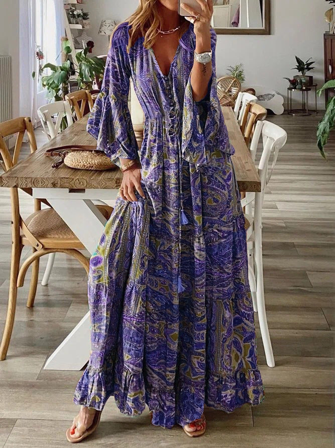 Bohemian Style Bell Sleeve Print V-Neck High-Waisted Resort Dress Floral Women'S Dress