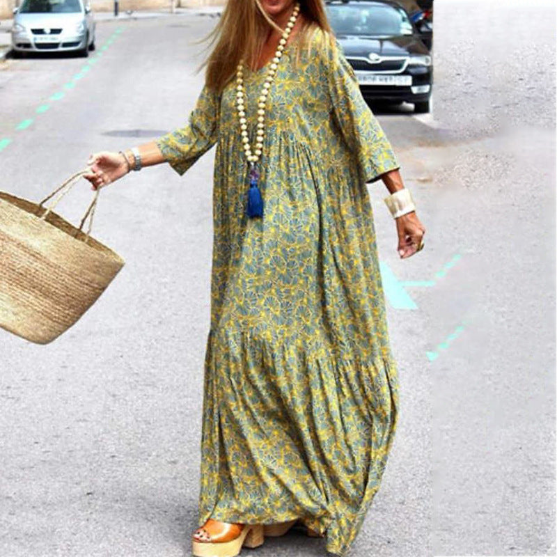 Autumn Spring New Long Sleeve Fashion Printed Bohemian Loose Fitting Dress