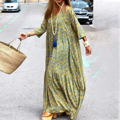 Autumn Spring New Long Sleeve Fashion Printed Bohemian Loose Fitting Dress