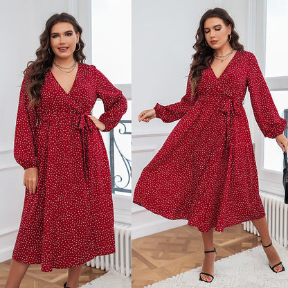 Red Polka Dot Maxi Dress Elegant Plus Size Long Sleeve