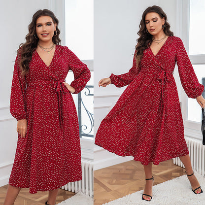 Red Polka Dot Maxi Dress Elegant Plus Size Long Sleeve