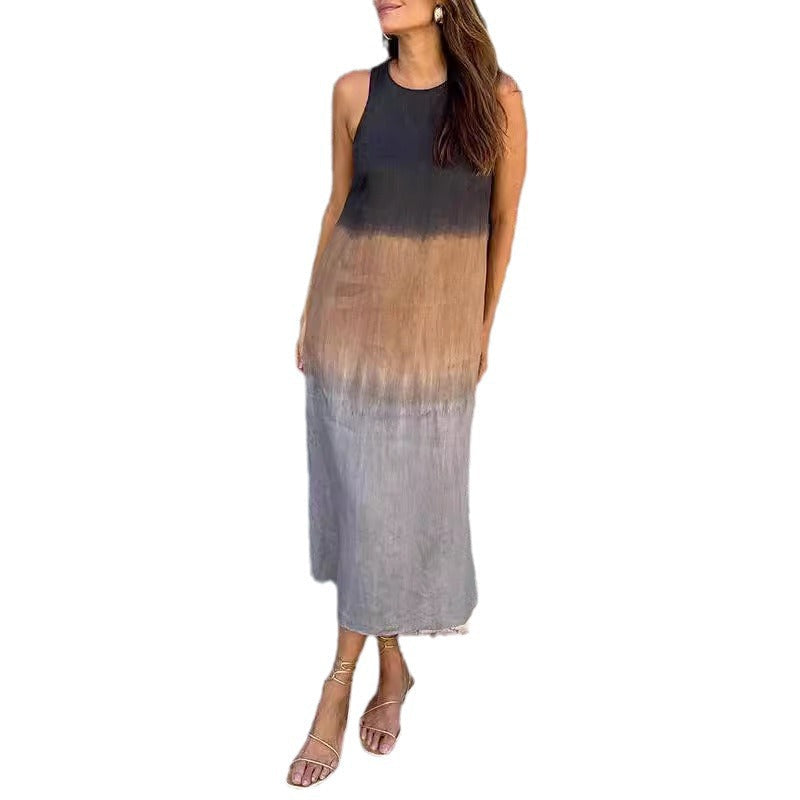 Women'S Clothing Europe And The United States Summer Women'S Casual Cotton And Linen Sleeveless Slit Gradual Change Dress