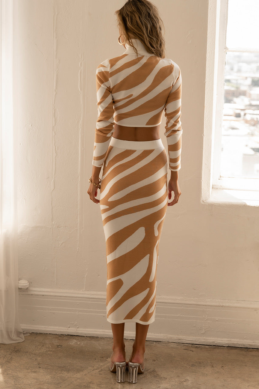 2 Pcs Fall Striped Long Sleeve Bodycon Maxi Skirt