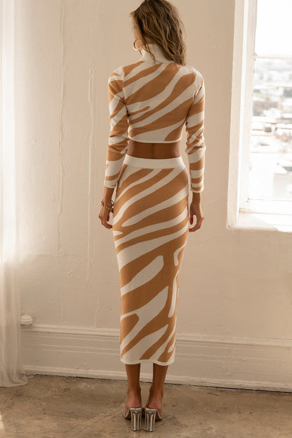 2 Pcs Fall Striped Long Sleeve Bodycon Maxi Skirt