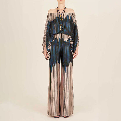 2025 Spring New Suit Printed Round Neck Loose Bat Sleeve Waist Wide Leg Pants Fashion Suit