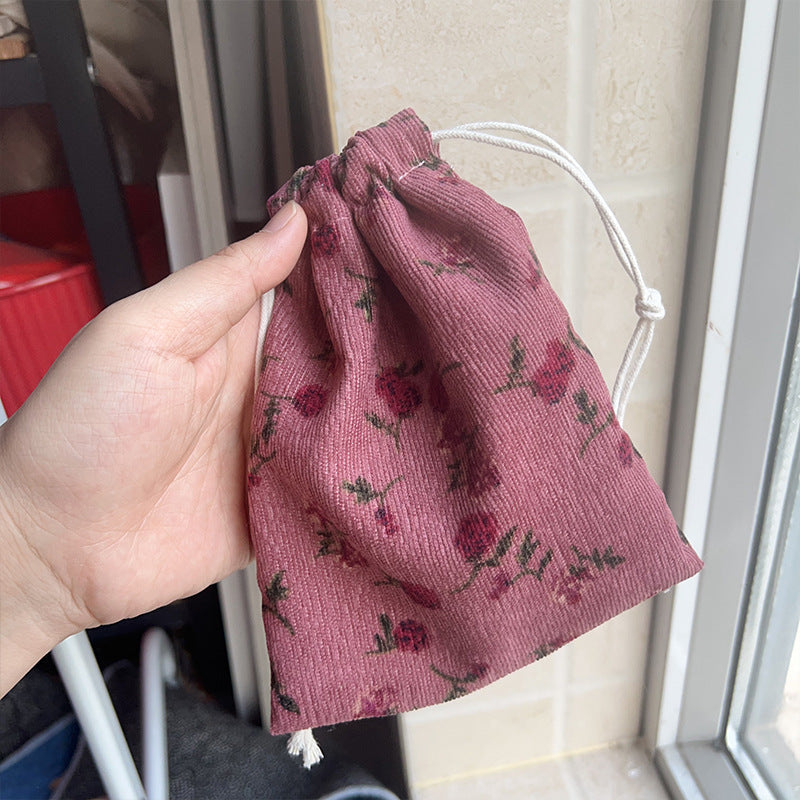 Mini Drawstring Corduroy Canvas Bag Portable Floral Storage Pouch