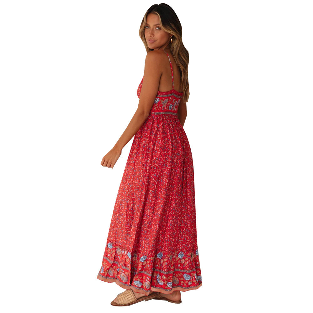 Summer New Swing Skirt Women'S Bohemian V-Neck Suspenders Floral Dress