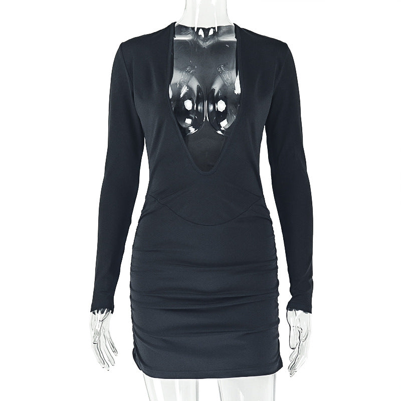 Elegant Deep V-Neck Bodycon Dress Casual Long Sleeve Party Dress