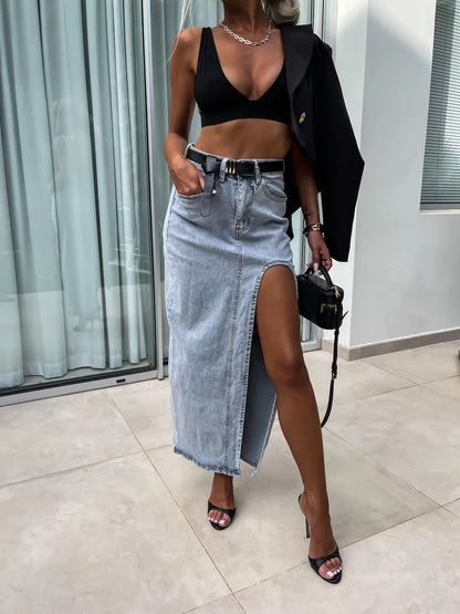 Vintage High-Waisted Denim Maxi Skirt with Slit