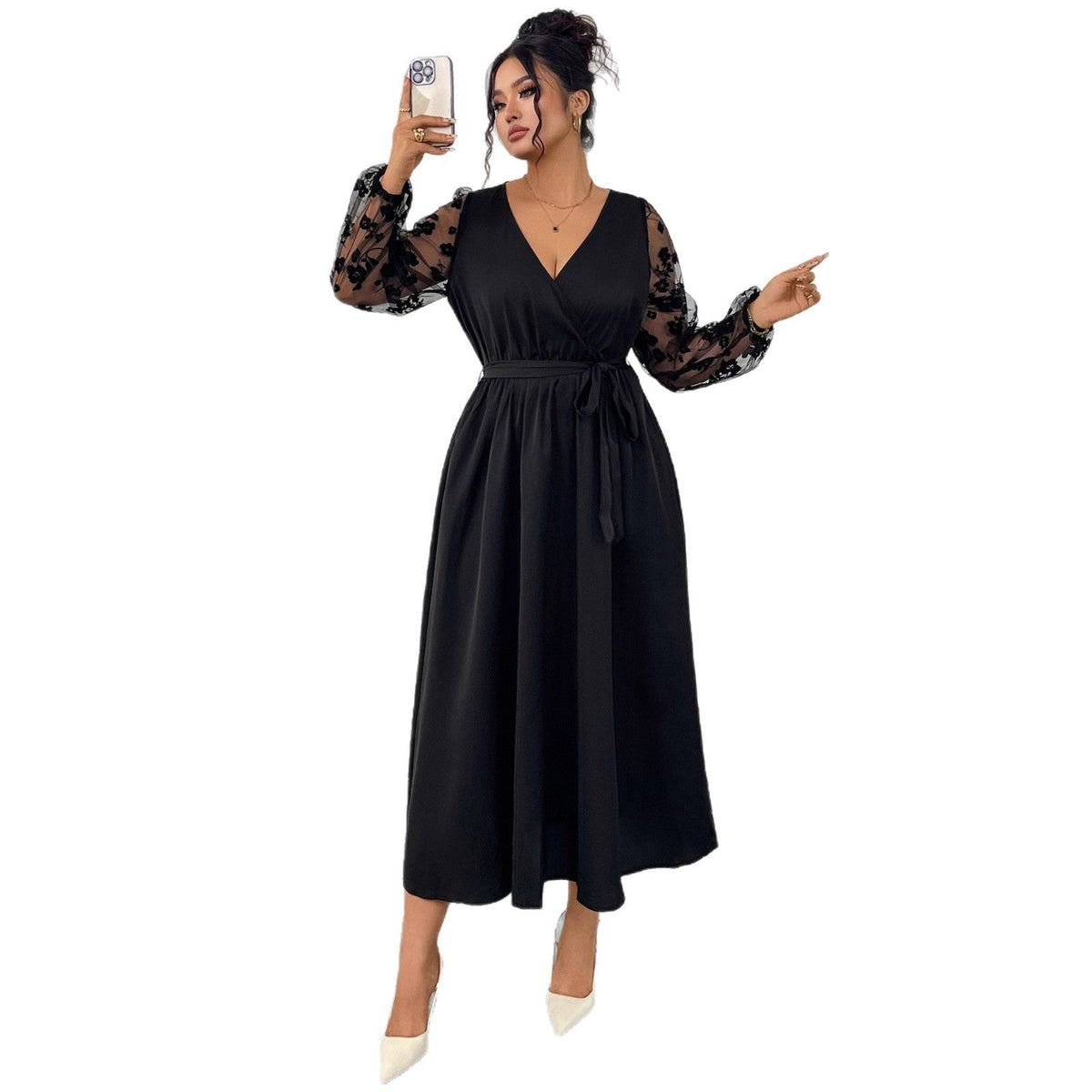 High Waist Plus Size V-Neck Lace Long Sleeve Dress