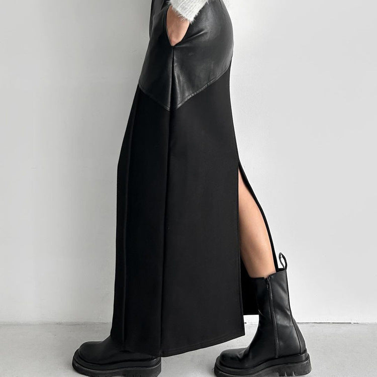 Elegant Pockets Black PU Leather Midi Skirt