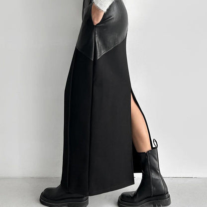 Elegant Pockets Black PU Leather Midi Skirt