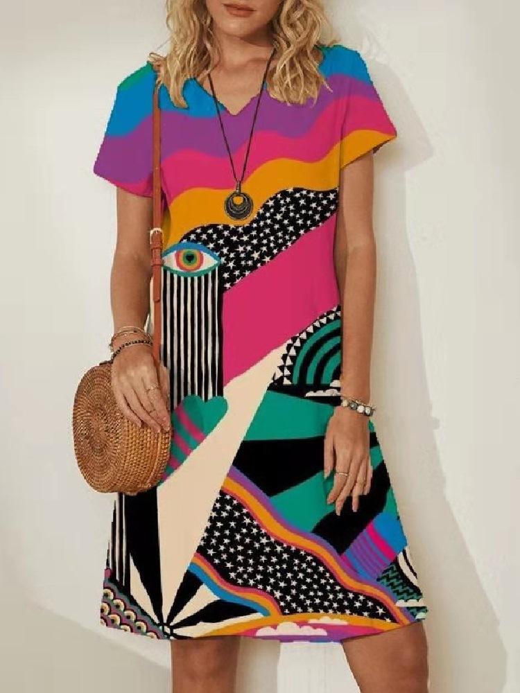 The Pop-Up Face Print V-Neck Short-Sleeve Floral Colorful Women'S Boho Dress
