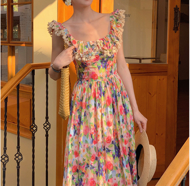 One Shoulder Tea Break Skirt Off-The-Shoulder Oil Painting Print Dress Women'S Spring