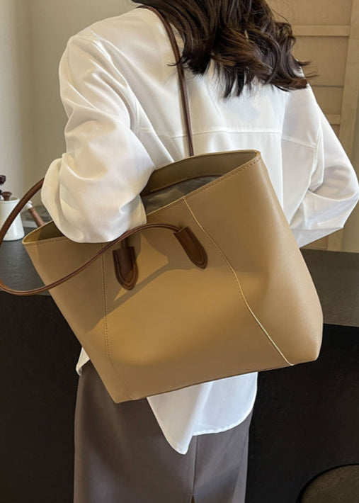 Two Tone PU Leather Tote Bag With Long Straps