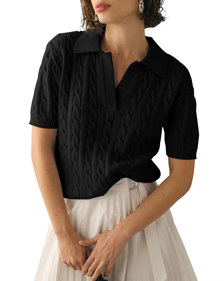 Lapel V-Neck Twist Short Sleeves Knit Tops