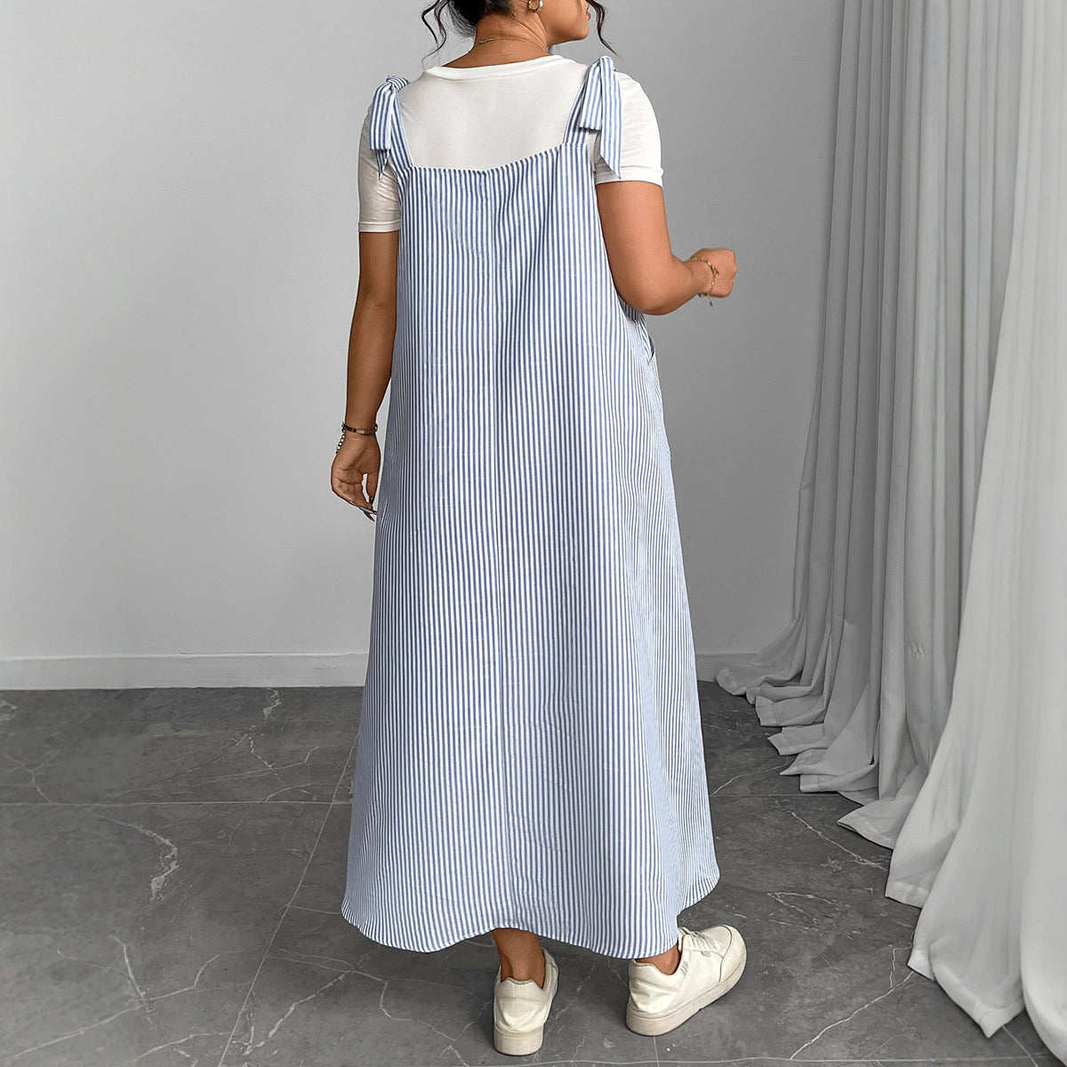 Blue Striped Suspender Dress Plus Size Comfortable Casual Dress