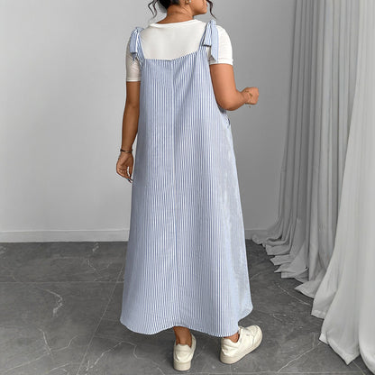 Blue Striped Suspender Dress Plus Size Comfortable Casual Dress
