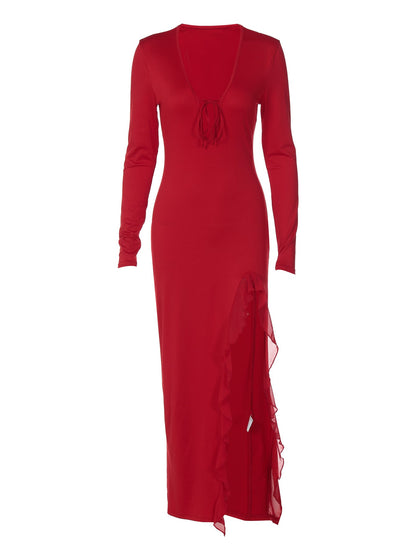 Sexy U-Neck Side Slit Long Sleeve Bodycon Dress