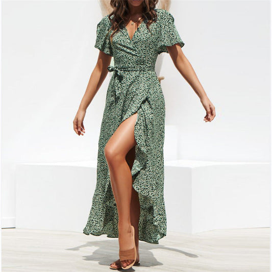 Womenswear Temperament Commuter Lace Waist Show Thin Print Women'S Maxi Dress