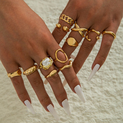 Irregular Pearl Ring Set Trendy Gold Retro Geometric Statement Rings