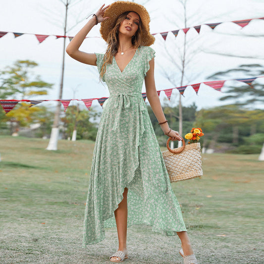New Bohemian V-Neck Lace-Up Slim Fit Dress