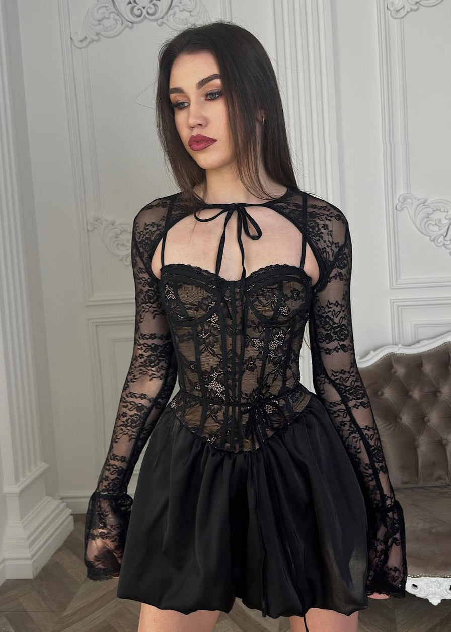 Black Lace Corset Mini Dress With Bubble Skirt