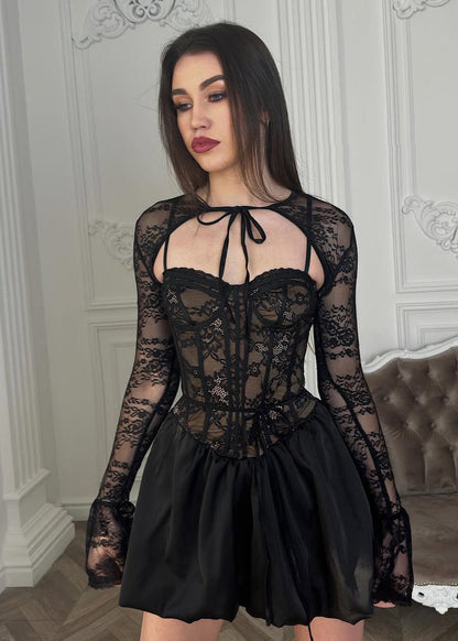Black Lace Corset Mini Dress With Bubble Skirt