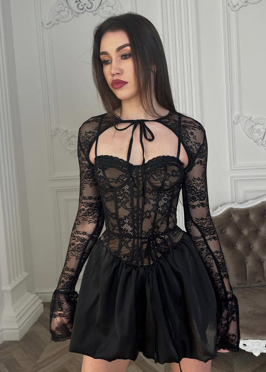 Black Lace Corset Mini Dress With Bubble Skirt