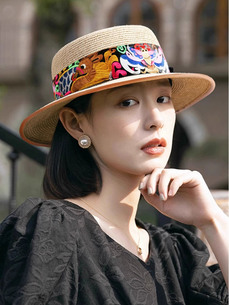 Straw Hat Retro Ethnic Style Embroidery Flower Beach Hat Spring And Summer Basin Hat