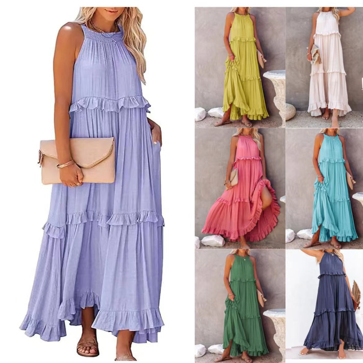 Halter Ruffle Tiered Flowy Maxi Dress
