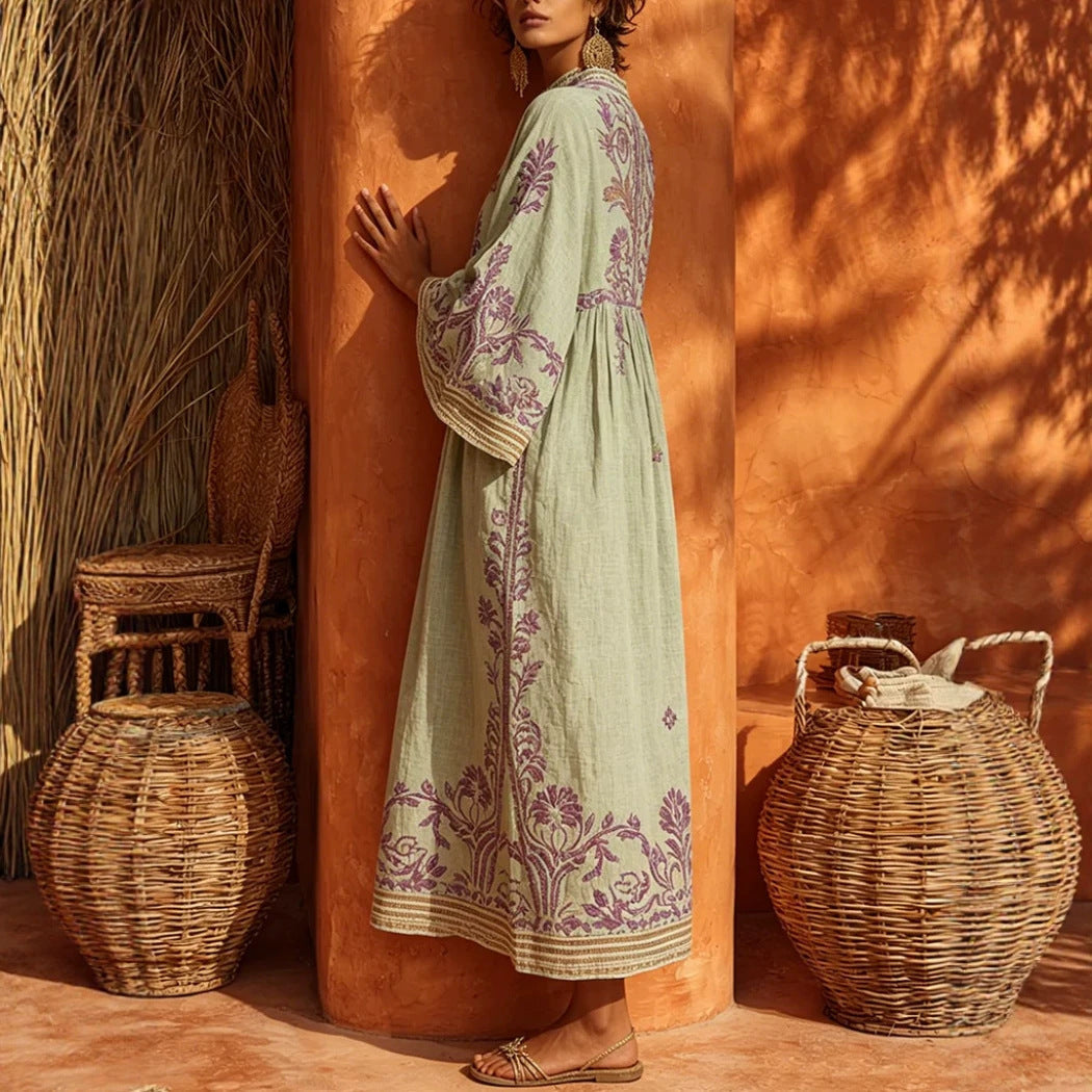 Embroidered Linen-Blend Kaftan Maxi Dress